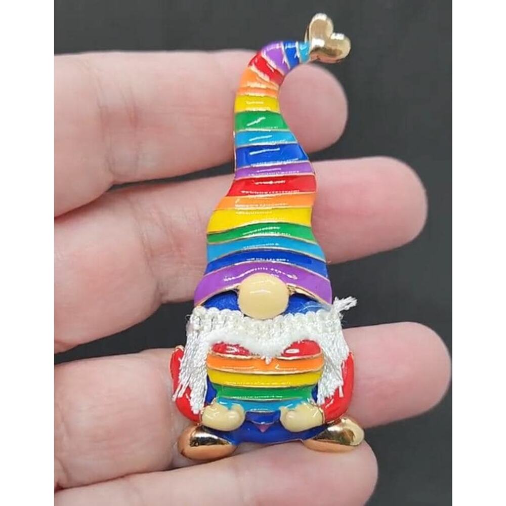 Rainbow Gnome Brooch Colorful Enamel Fringed Beard Gold Tone Metal